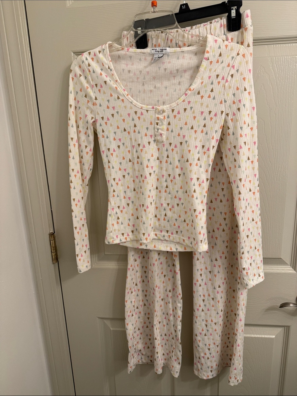 Woman’s Cream Long-Sleeve Ribbed Pajama Set with Multi-Color Triangle Print